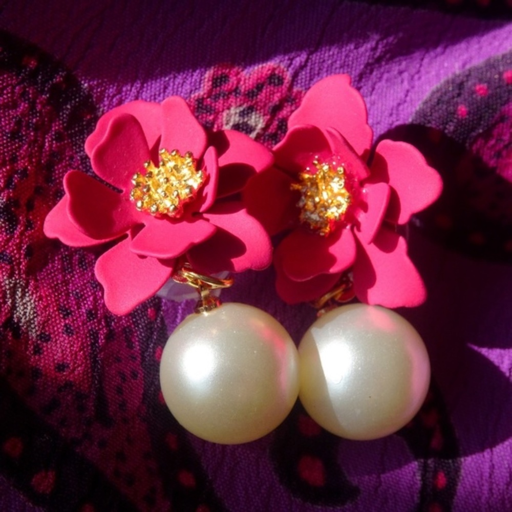 Pink Flower & White Faux Pearl Big Post Floral Dangle Spring Statement Earrings